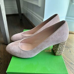 Kate Spade Anastasia Pink Beige Suede Block Heel Glitter Pumps 6.5